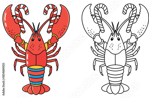Vector illustration of a Christmas lobster cartoon Isolated on a white backdrop this coloring book page features a black and white outline of a cute red marine creature clutching candy canes