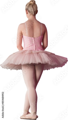 Ballet dancer is standing back flat design wearing pink lace tutu plain white background copy space