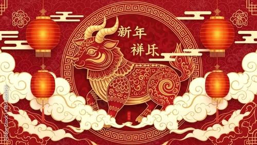 Chinese New Year Celebration with a Majestic Golden Ox and Traditional Red Lanterns Amidst Clouds