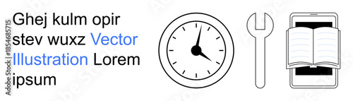 Time management, education, digital tools, repair services, instructional content, and creativity. Circular clock, wrench and smartphone with an open book icon. Time management and education as