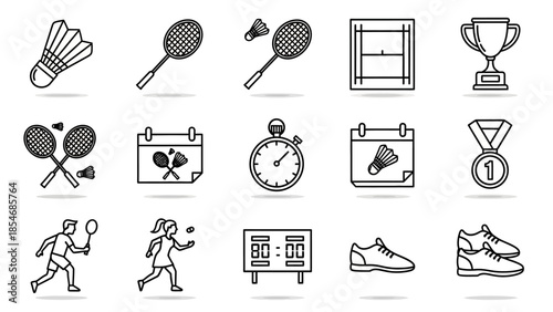 Badminton sport icons set line art vector illustration.