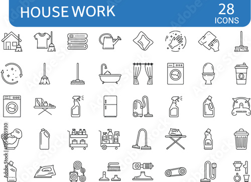 House work line icons set featuring cleaning laundry home maintenance tools chores household equipment vector illustration minimal outline collection