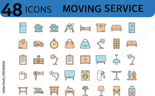 Moving service line icons set, home relocation furniture transport packing logistics household items editable vector illustration collection, modern flat design