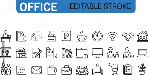 Office editable stroke line icons set featuring workplace furniture documents communication teamwork business tools vector illustration minimal outline collection