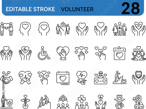 Volunteer line icons set, editable stroke charity community support symbols, helping hands donation care social service vector illustration collection