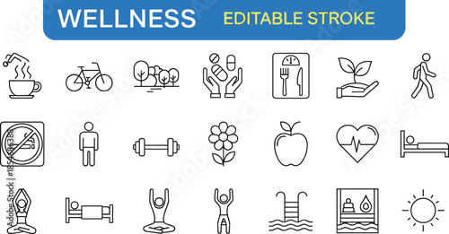 Wellness line icons set, editable stroke healthy lifestyle symbols, fitness nutrition mindfulness self care medical wellbeing vector design collection