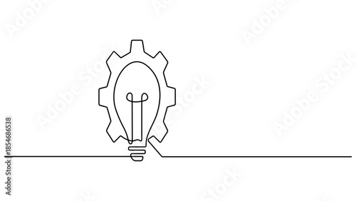 Continuous one single line drawing innovation Light bulb and gears inside icon vector illustration . One single line drawing of lightbulb with metal gear wheel inside .Training and workshop concept