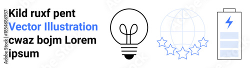 Innovation, renewable energy, sustainability, global applications, creativity, electricity. Lightbulb, battery icon globe with stars. Innovation and renewable energy concepts