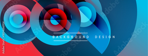 Abstract layers, vibrant colors, dynamic composition. Modern design elements create flowing visual experience. Blue, red hues dominate.