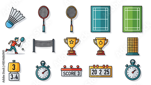 Badminton Sports Equipment and Game Elements Collection.