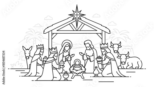 Nativity scene illustration Jesus birth with Mary Joseph wise men animals and stable outline art for Christmas