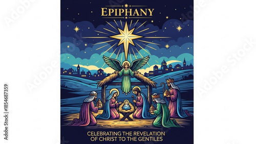Nativity scene with the Star of Bethlehem angel and wise men celebrating the Epiphany religious illustration for Christm