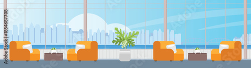 Cityscape river bay view with resting area zone lobby and sofa for sitting.
