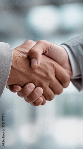 Business handshake between two diverse individuals in corporate environment