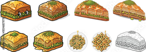 Baklava Dessert Vector Art Collection - Traditional Turkish Sweets Illustrations