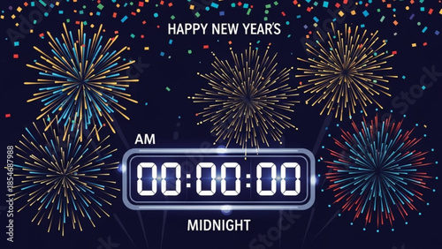 Happy new year's celebration with colorful fireworks and digital clock at midnight, am, 00 00 00, new year's eve party background with confetti