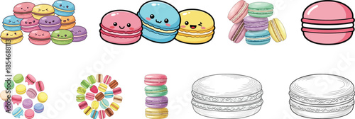 French Macaron Illustration Bundle - Assorted Cute Dessert Icons and Detailed Sketches