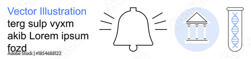 Notifications, government, science, research, alarms, biology. Bell icon, government building DNA test tube on a blue circle. Notifications and government theme design elements