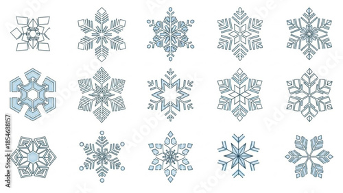 Collection of intricate blue and green snowflakes on white background, winter decorative elements, frosty designs, icy patterns, snowflake illustrations