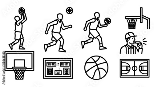 Basketball sports icons and equipment collection line art.