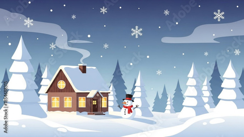 Cozy winter scene with snowman, house, trees, snowflakes, and night sky, evoking festive holiday cheer and warm atmosphere
