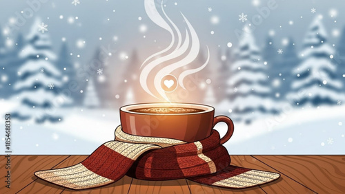 A warm cup of coffee with steam rising wrapped in a red and white scarf on a wooden table in a snowy forest with evergreen trees