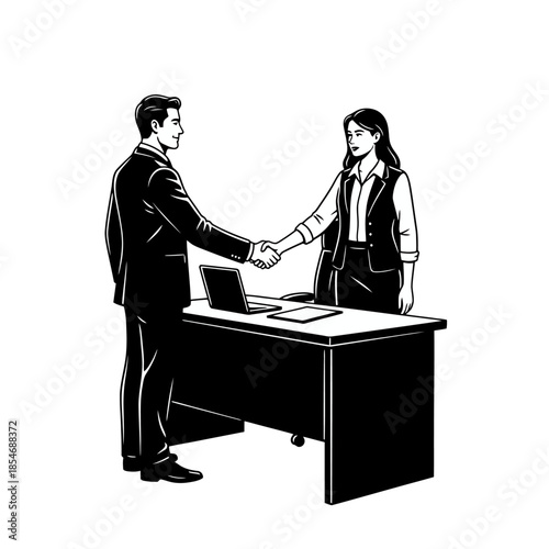businessman and businesswoman Two professional business people shaking hands across an office desk