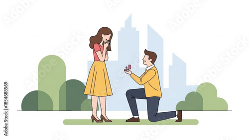 Man proposing to woman with ring in city park romantic engagement