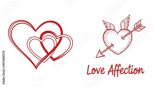 Intertwined hearts and pierced heart with arrow and wings symbolizing love and affection