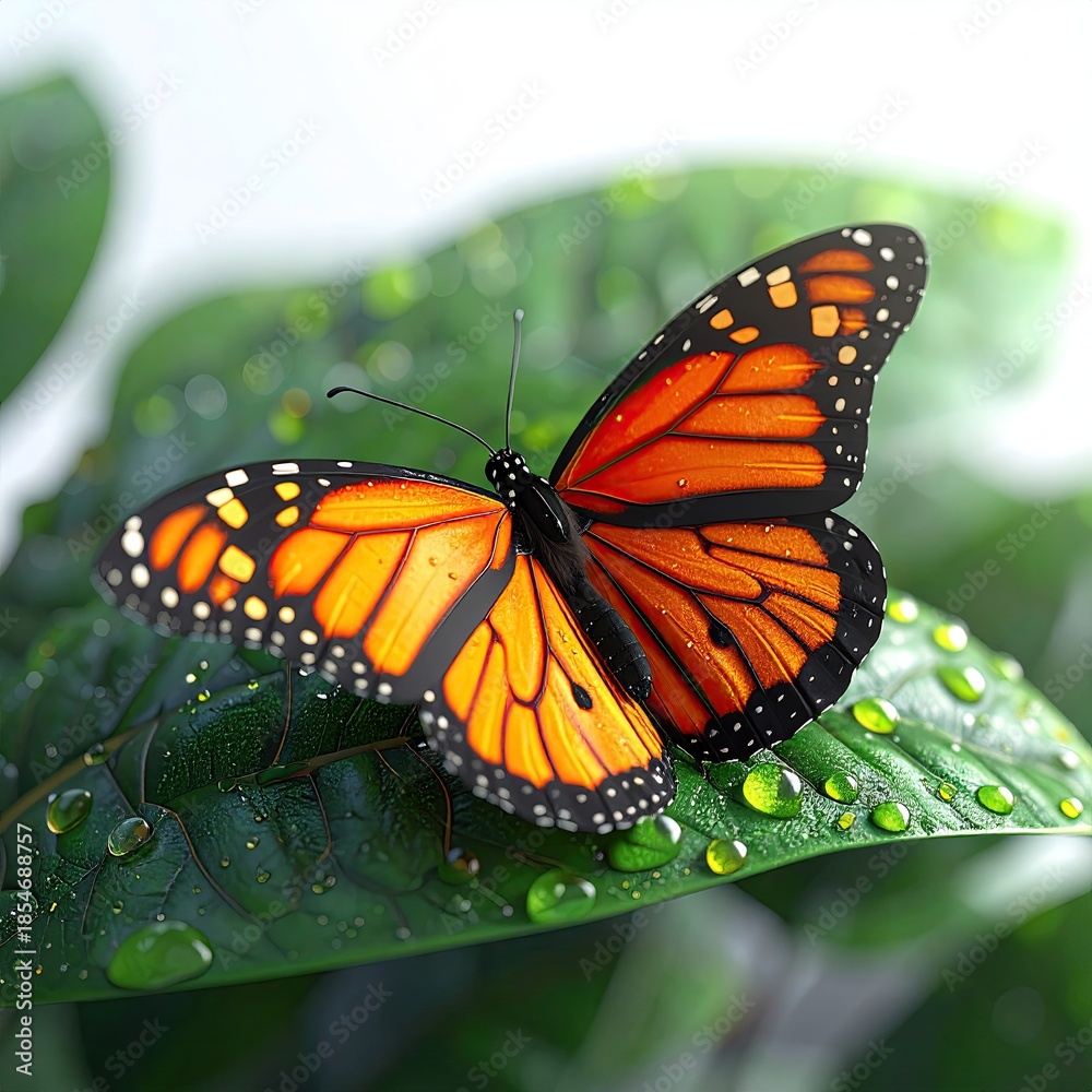 Fototapeta premium Monarch butterfly with open wings rests on a vibrant, wet, green leaf