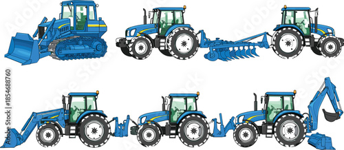 Agricultural tractor set, farming machinery illustration, construction equipment collection, blue heavy vehicles, isolated vector design, modern farm tools