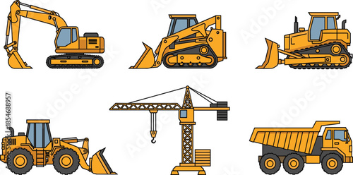 Cartoon construction vehicles, excavator, skid steer loader, bulldozer, front loader, tower crane, dump truck, kids illustration, construction machinery