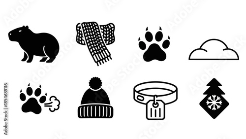 A collection of black and white icons featuring a capybara, winter clothing, animal paw prints, a cloud, a pet collar, and a stylized Christmas tree.