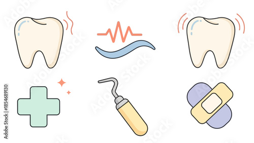 A collection of dental and medical icons including sensitive teeth, a dental tool, a medical cross, and band-aids.