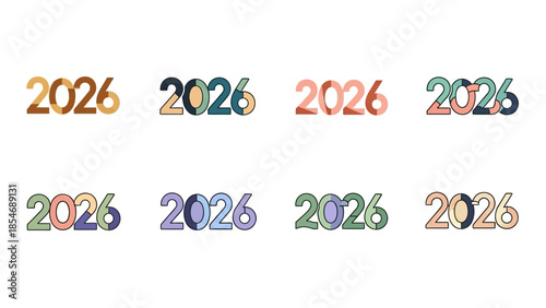 Eight colorful graphic designs of the year 2026, each with unique color palettes and segmented number styles.