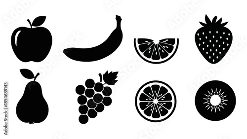 A collection of black silhouettes of various common fruits including apple, banana, orange, strawberry, pear, grapes, and kiwi, presented on a white background.