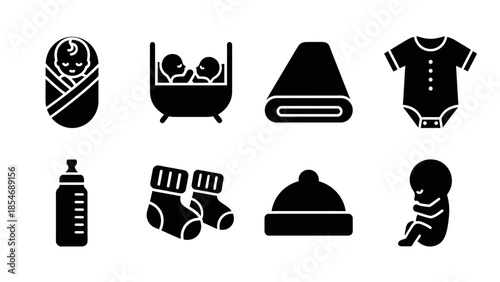Black silhouette icons of various baby items and newborns on a white background.