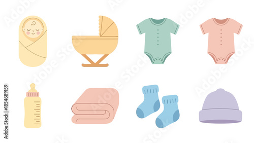 Collection of essential baby items including a swaddled infant, bassinet, bodysuits, bottle, blanket, socks, and hat, depicted as flat illustrations.