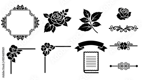Black silhouette vector set of elegant floral and decorative design elements including roses, leaves, frames, corners, dividers, a ribbon, and a book.