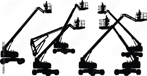 Construction boom lifts silhouettes, workers elevated platforms, industrial equipment reach, maintenance access machines, aerial work safety, flexible height solutions, engineering tools