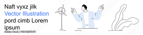 Renewable energy, sustainability, environmental conservation, green technology, environmental awareness, innovation. A person gestures towards a wind turbine and abstract leaves. Renewable energy