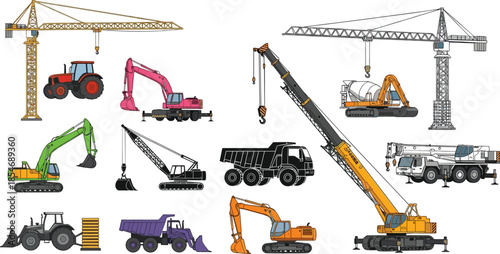 Construction machinery illustration set, tower cranes, tractors, excavators, crawler crane, dump trucks, cement mixer, mobile crane, heavy equipment