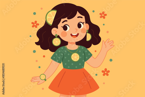 Cute Girl Cartoon Character with Lemon Jewelry Illustration