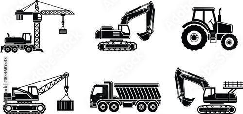 Construction machinery silhouettes illustration, mobile tower crane, excavator, tractor, crawler crane, dump truck, heavy equipment, industrial tools, site work