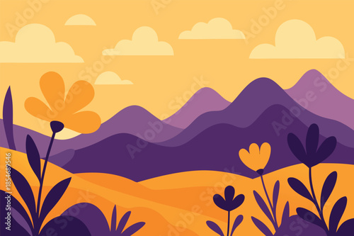 Abstract Landscape with Mountains Flowers and Fields Illustration