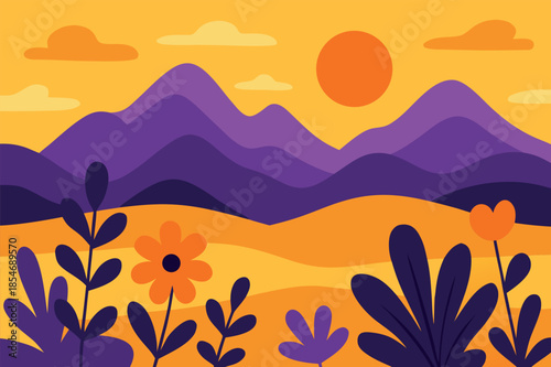 Abstract Landscape with Mountains Flowers and Sun Illustration