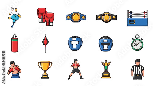 Boxing Icons Collection Featuring Equipment and Athletes.