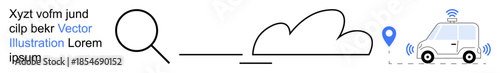 Cloud computing, internet search, GPS navigation, smart vehicles, online connectivity, data sharing. Magnifying glass, cloud and a GPS-enabled car. Cloud computing and internet search concepts