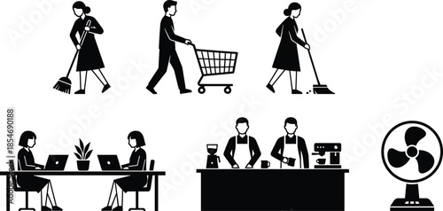 Daily work and lifestyle silhouettes, people cleaning, shopping, office working, coffee making, household chores, minimalist black vector icons