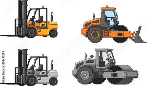Forklift and road roller illustration set, construction vehicles, color variations, side view, heavy machinery, industrial equipment, design comparison